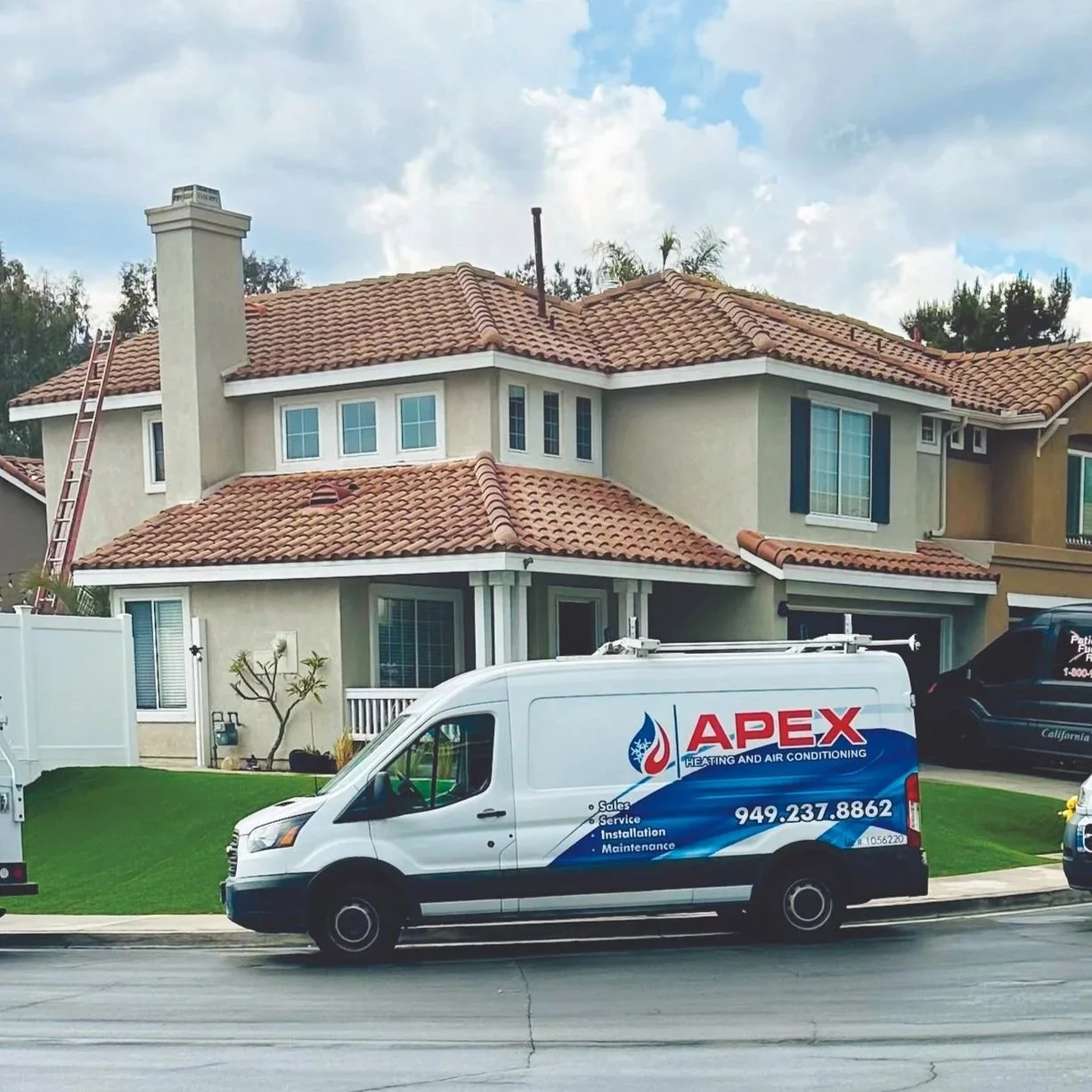 Apex Heating and Air Conditioning service van in front of a California home